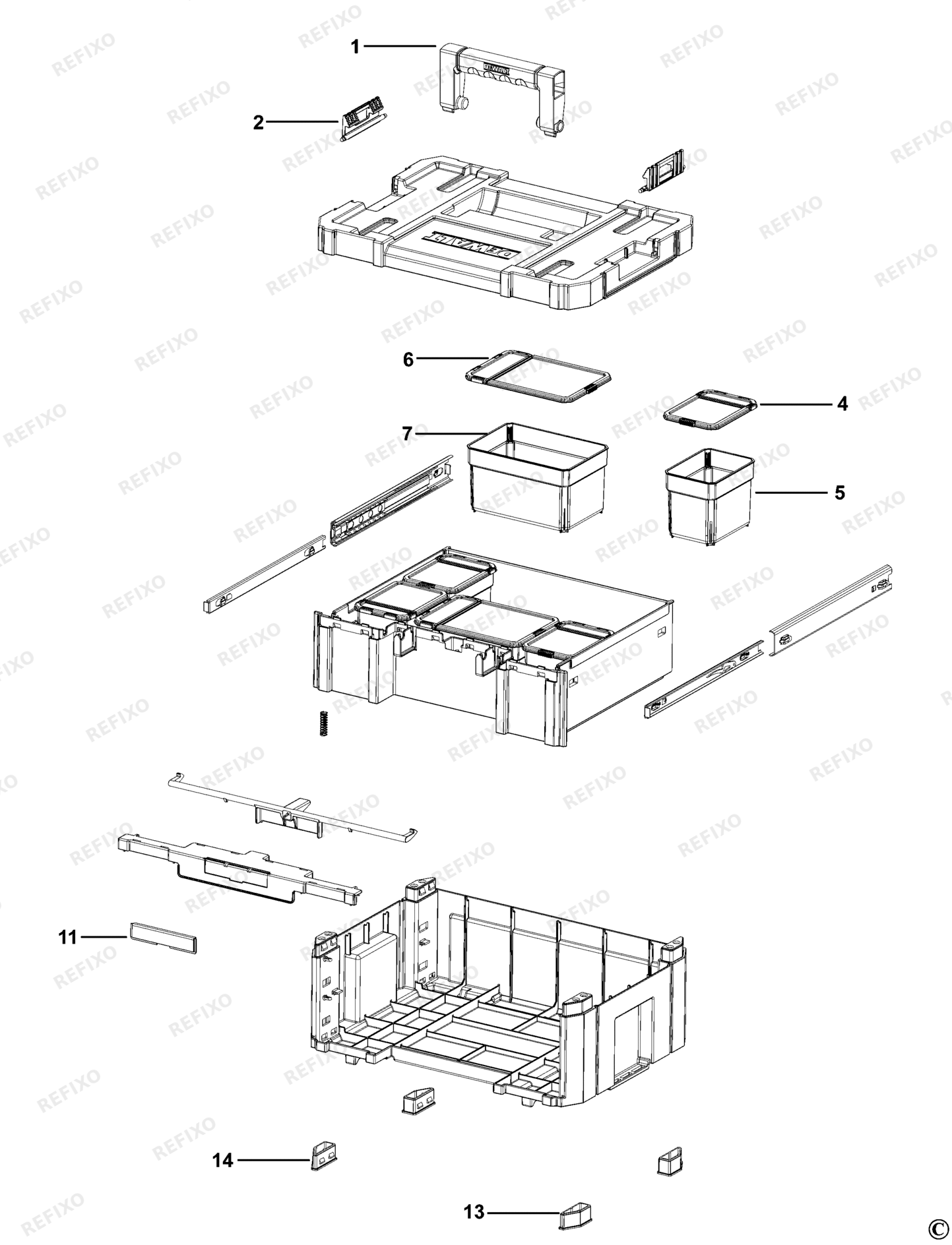 Деталировка DeWalt DWST1-70705-XJ TYPE 1 WERKZEUGBOX DWST1-70705-XJ DWST1-70705 — схема запчастей в разборе