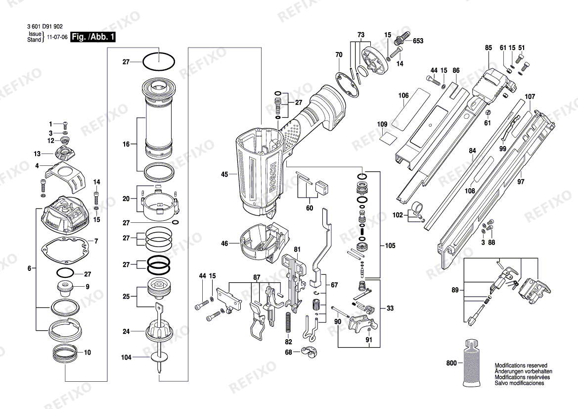 Деталировка Bosch Druckluftnagler GSK 64-34 (3 601 D91 902) — схема запчастей в разборе