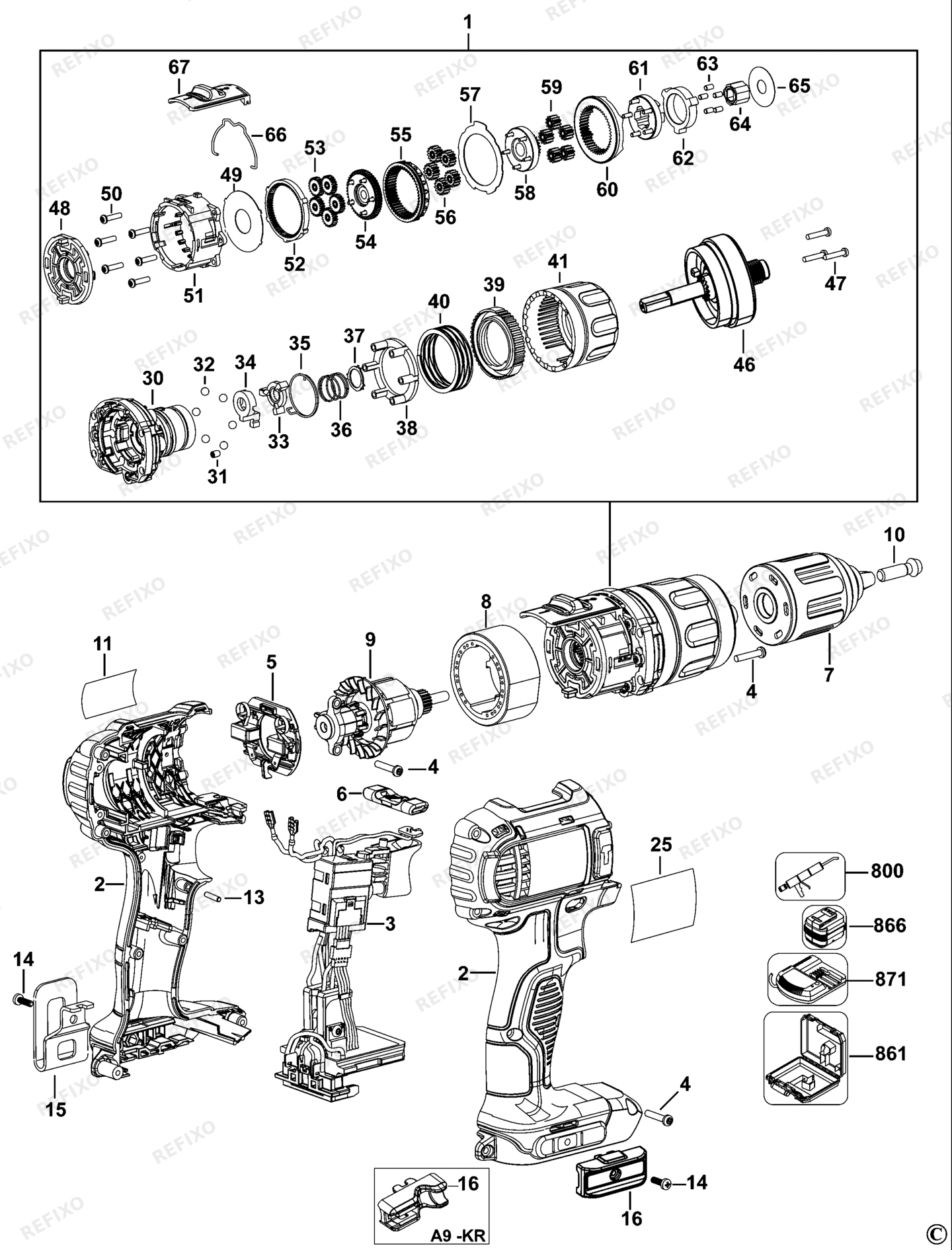 Деталировка DeWalt DCD735-QW TYPE 2 аккумуляторный - дрель DCD735-QW DCD735 — схема запчастей в разборе