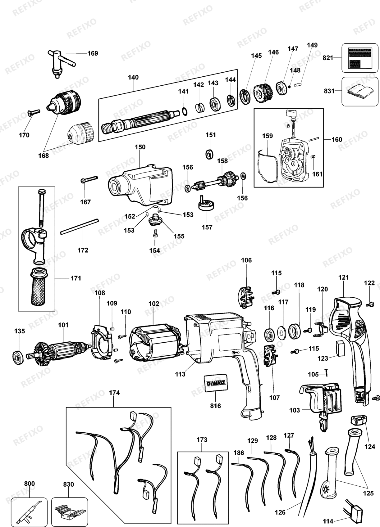 Деталировка DeWalt DW515K-LX TYPE 2 перфоратор DW515K-LX DW515K — схема запчастей в разборе