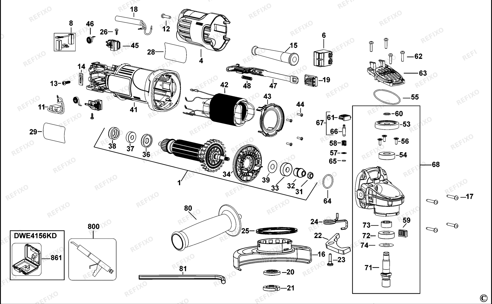 Деталировка DeWalt DWE4156-QS TYPE 1 SMALL ANGLE GRINDER DWE4156-QS DWE4156 — схема запчастей в разборе