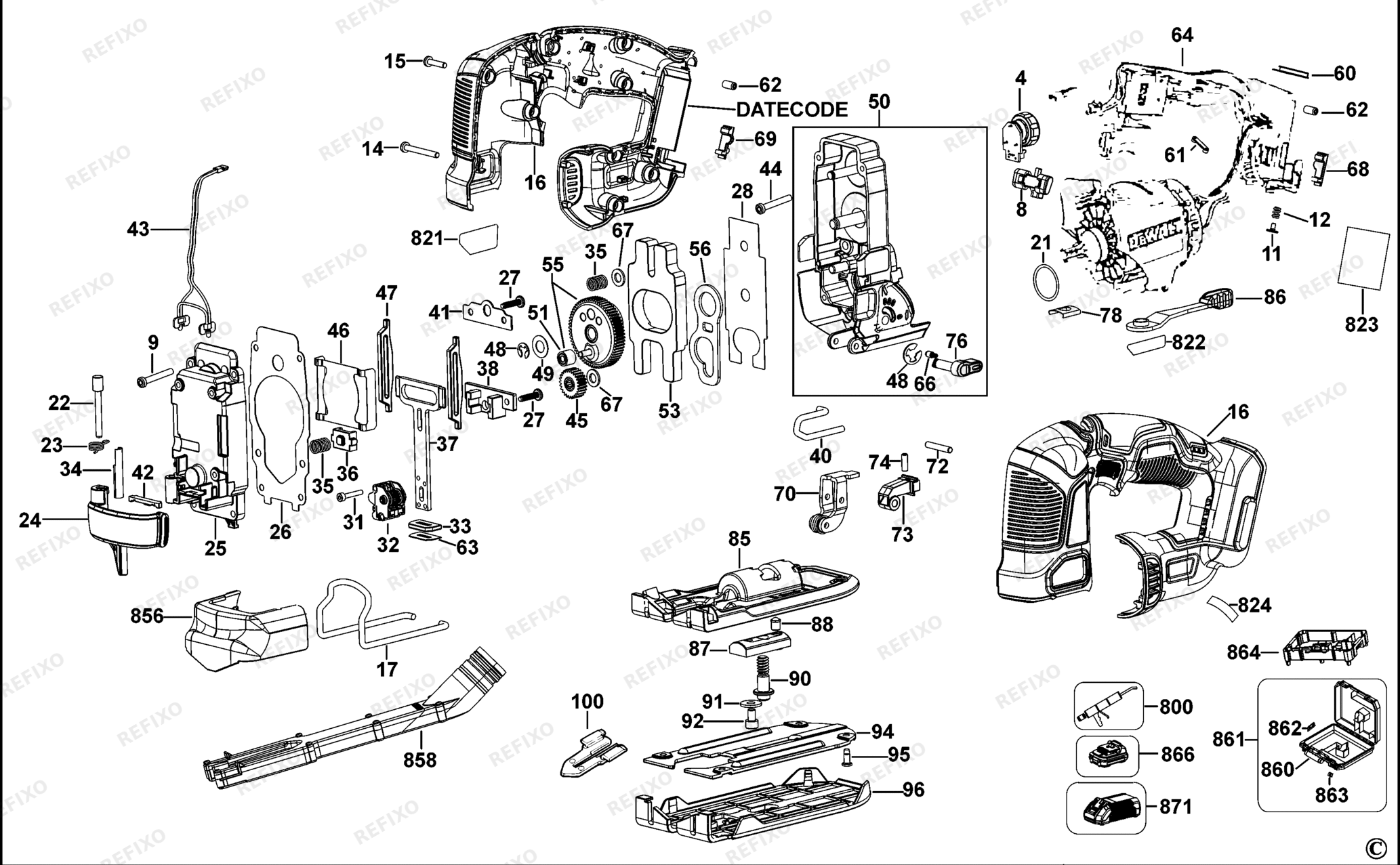 Деталировка DeWalt DCS334-QW TYPE 1 лобзик DCS334-QW DCS334 — схема запчастей в разборе