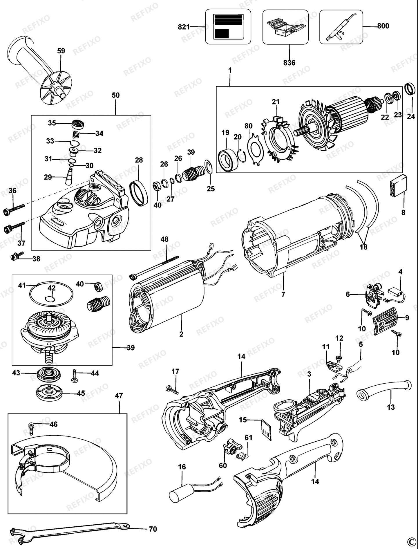 Деталировка DeWalt D28423-LX TYPE 1 угловая шлифмашина D28423-LX D28423 — схема запчастей в разборе