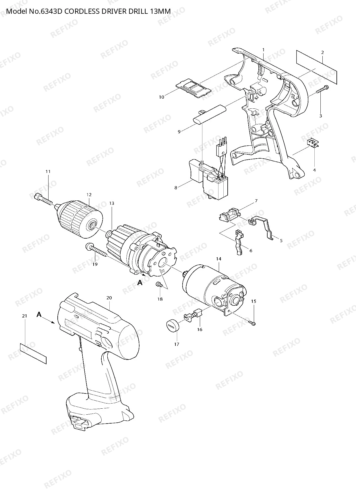 Деталировка MAKITA 6343D — схема запчастей в разборе