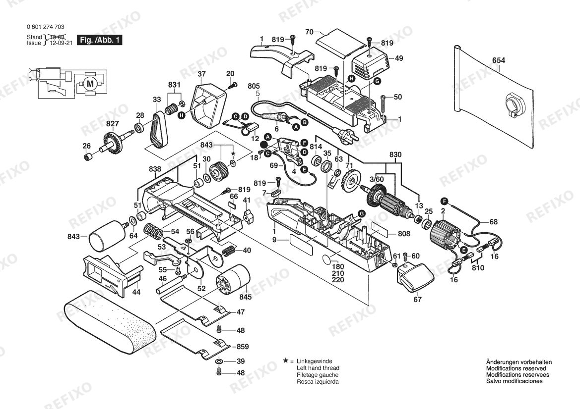 Деталировка Bosch Ленточная шлифмашина GBS 75 AE | 230 V | 039 - ID (0 601 274 704) — схема запчастей в разборе