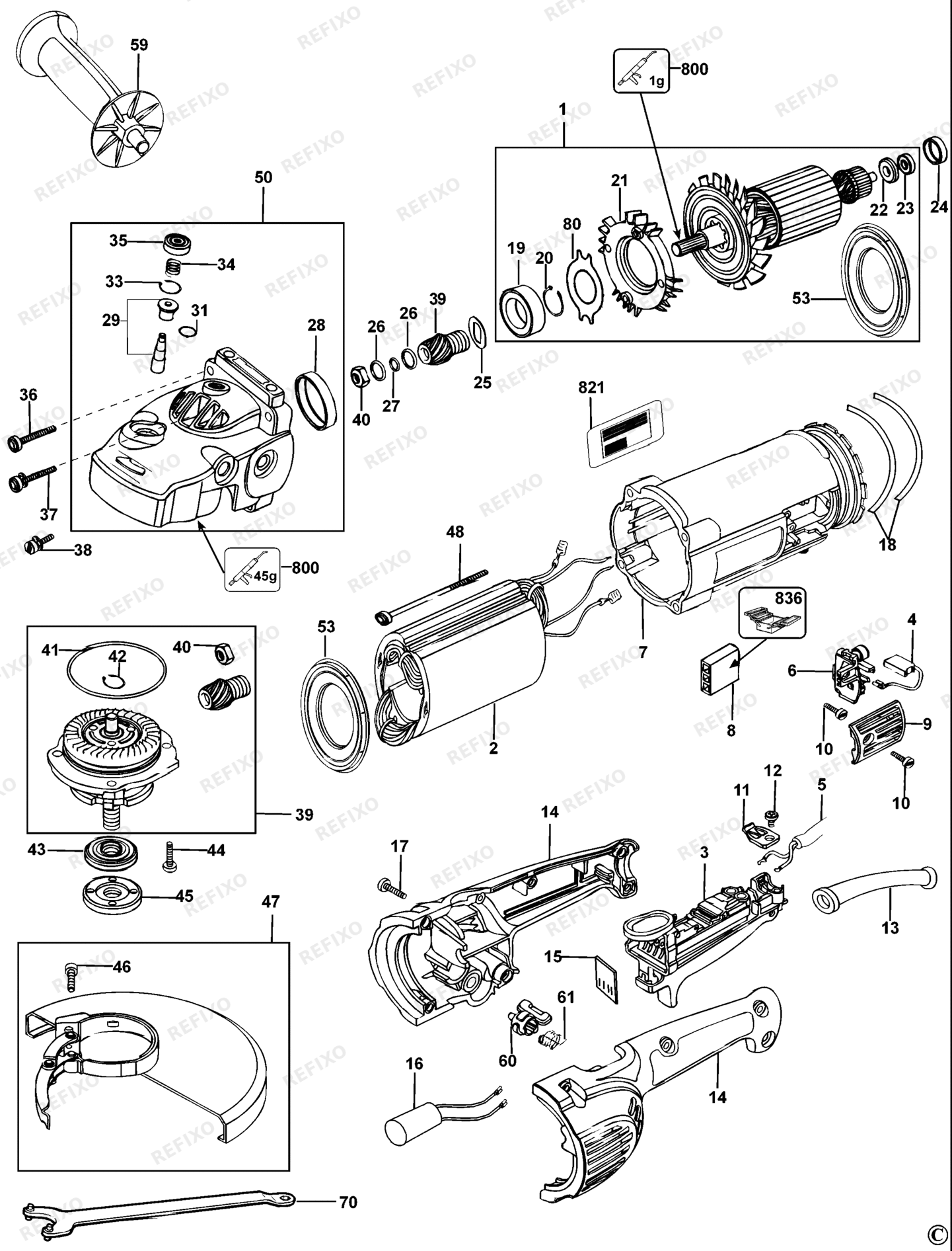 Деталировка DeWalt D28423-LX TYPE 2 угловая шлифмашина D28423-LX D28423 — схема запчастей в разборе