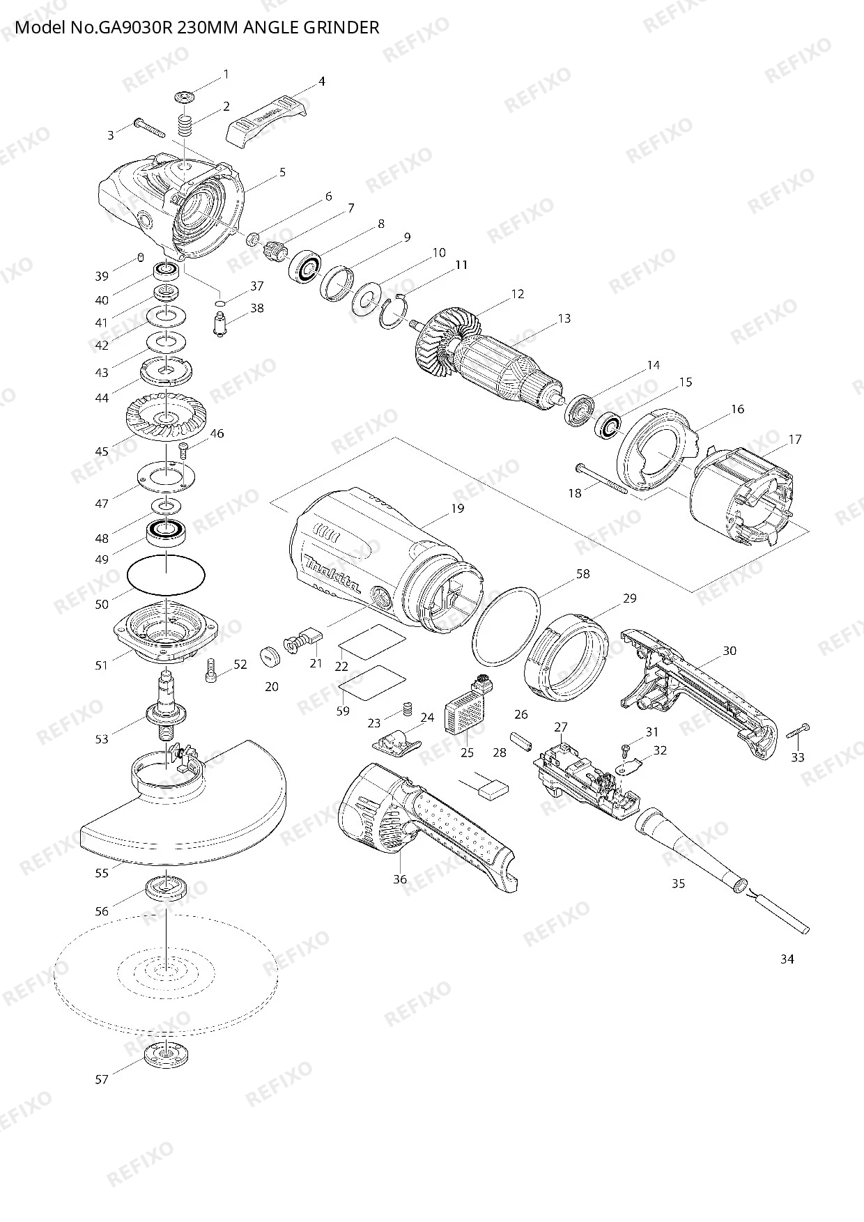 Деталировка MAKITA GA9030R — схема запчастей в разборе