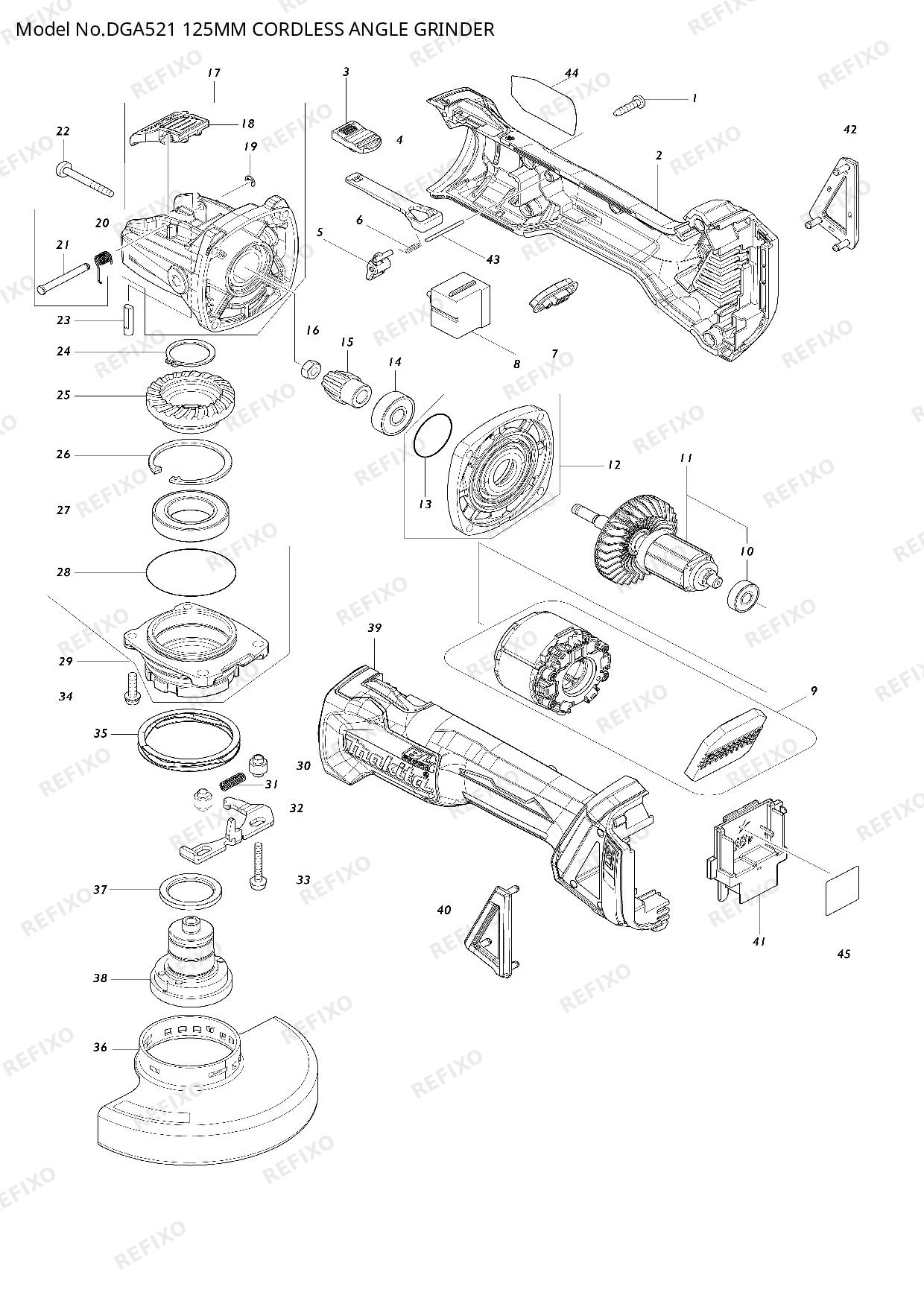 Деталировка MAKITA DGA521 — схема запчастей в разборе
