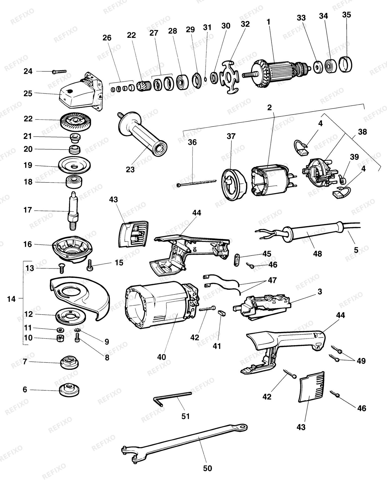 Деталировка DeWalt DW479-DE TYPE 1 угловая шлифмашина DW479-DE DW479 — схема запчастей в разборе