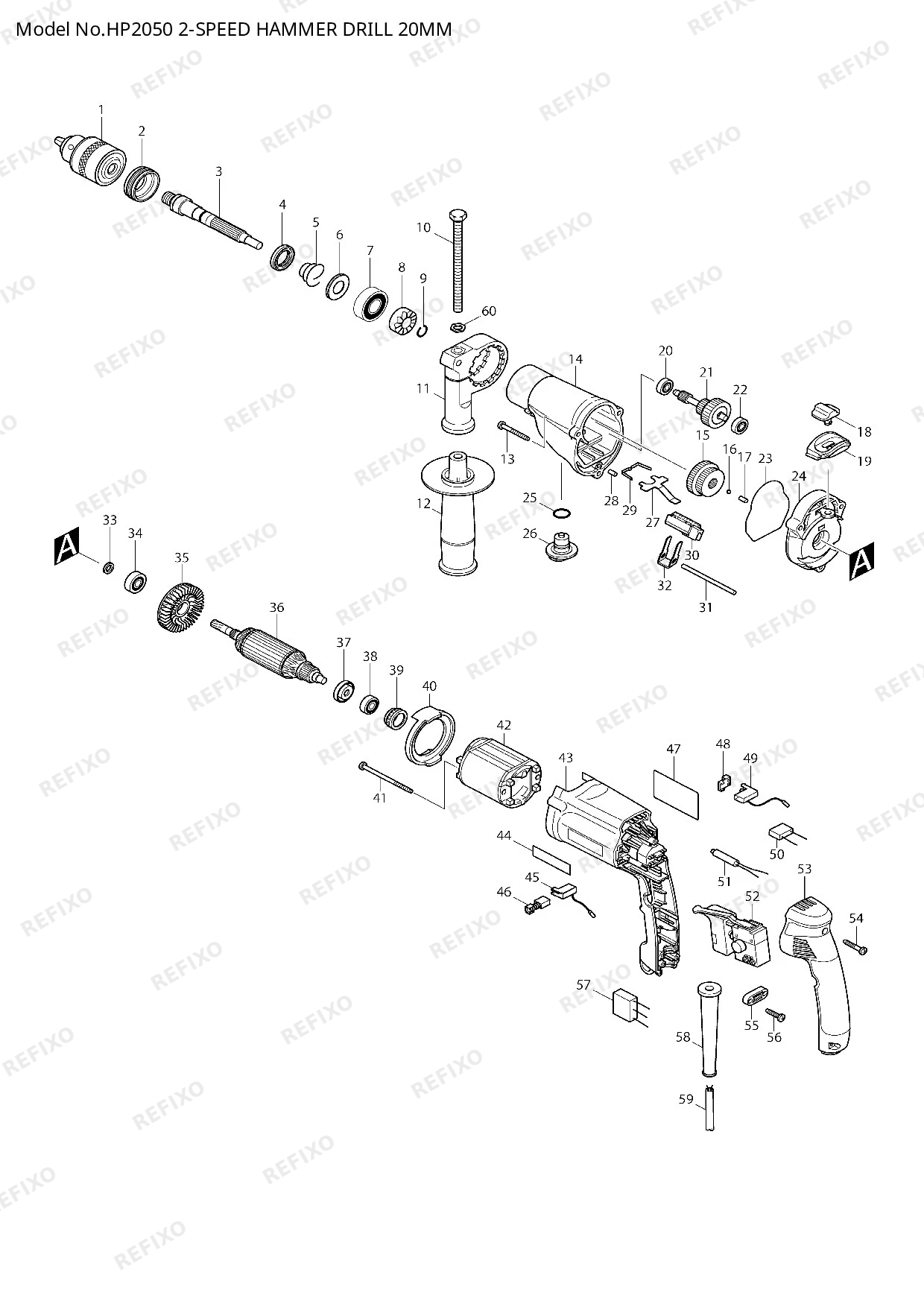 Деталировка MAKITA HP2050 — схема запчастей в разборе