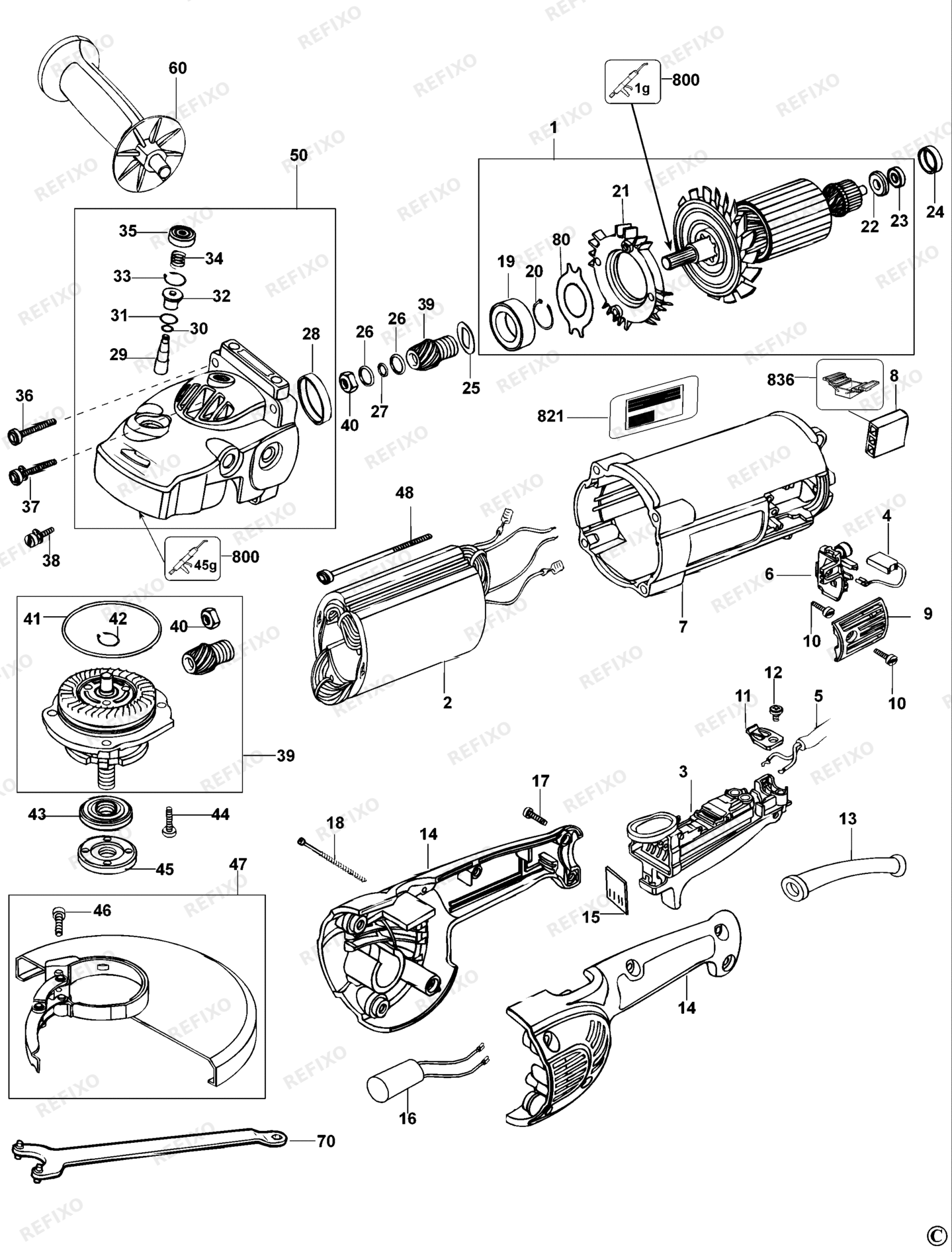 Деталировка DeWalt D28415-QS TYPE 1 угловая шлифмашина D28415-QS D28415 — схема запчастей в разборе