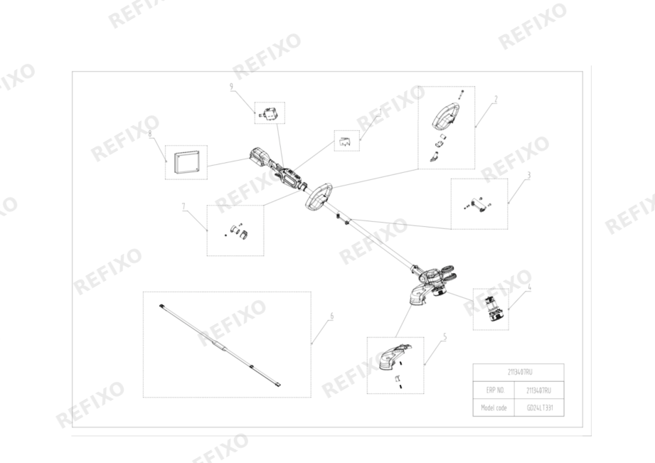 Деталировка Greenworks 2113407RU 2113407RU(GW 24V 33cm BL String Trimmer) чертеж — схема запчастей в разборе