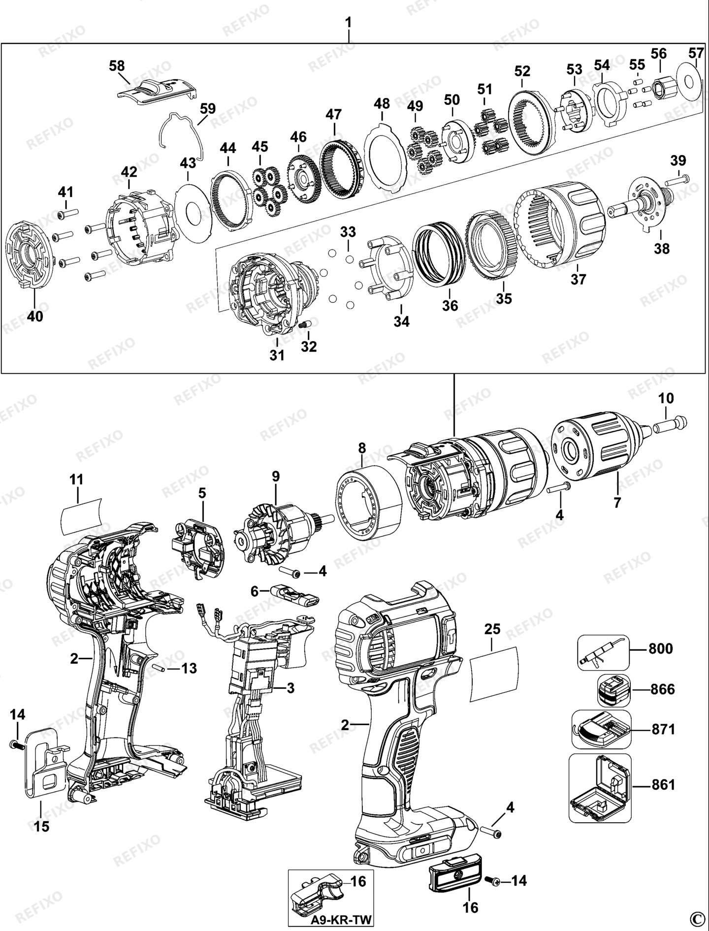 Деталировка DeWalt DCD780-QW TYPE 1 аккумуляторный - дрель DCD780-QW DCD780 — схема запчастей в разборе