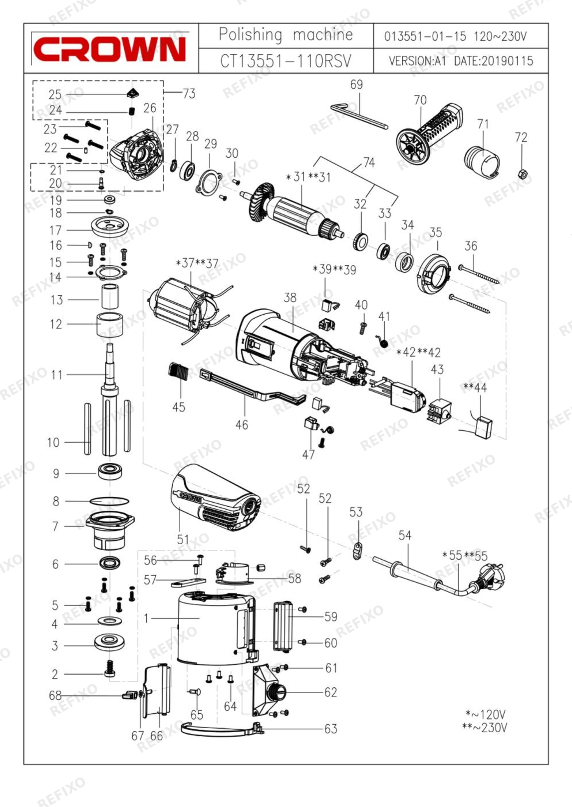 Деталировка CROWN CT13551 110RSV — схема запчастей в разборе