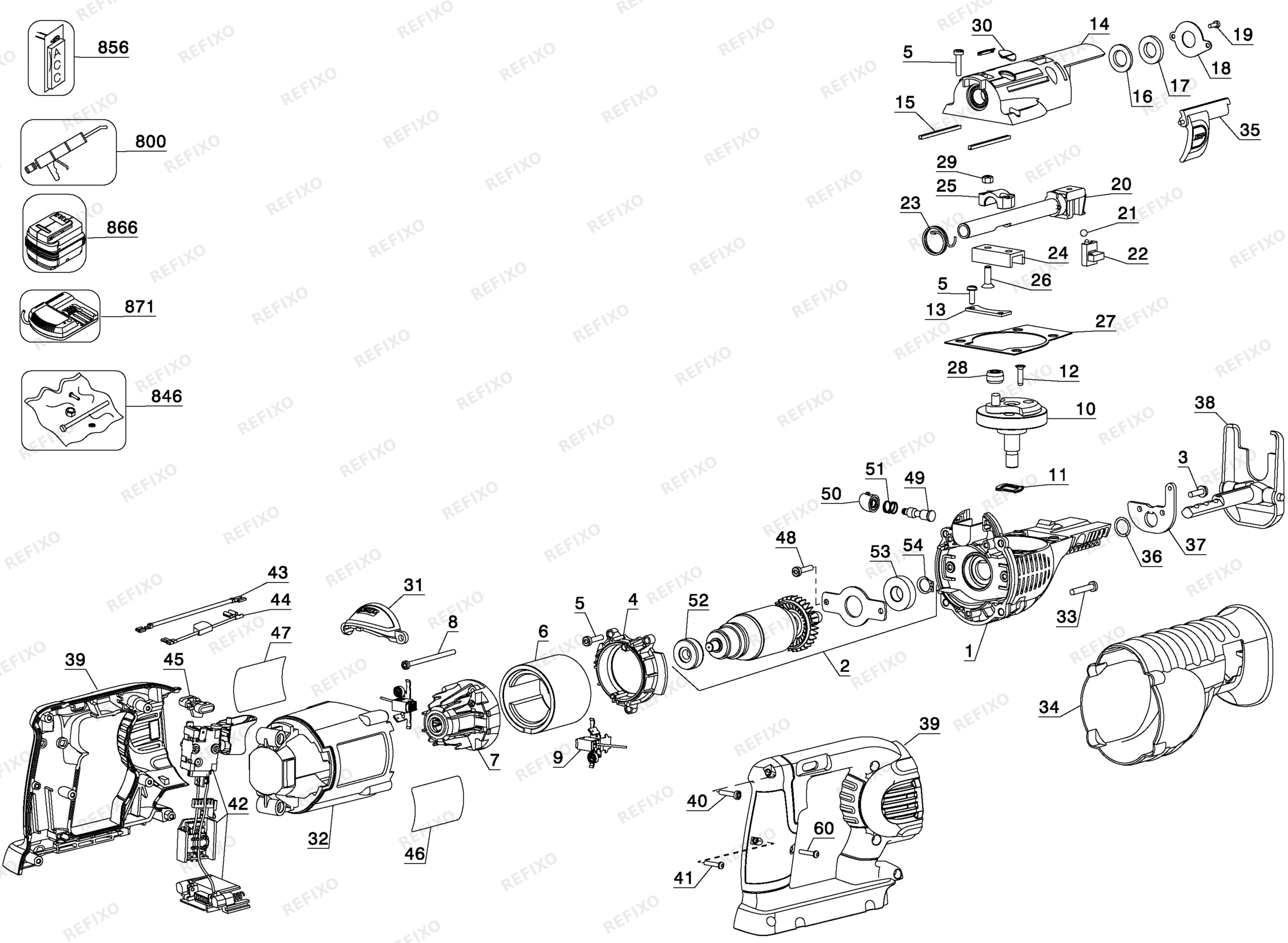 Деталировка DeWalt DC305-XJ TYPE 1 36V RECIP SAW DC305-XJ DC305 — схема запчастей в разборе