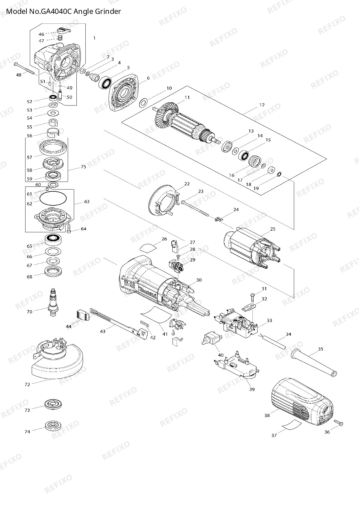 Деталировка MAKITA GA4040C — схема запчастей в разборе