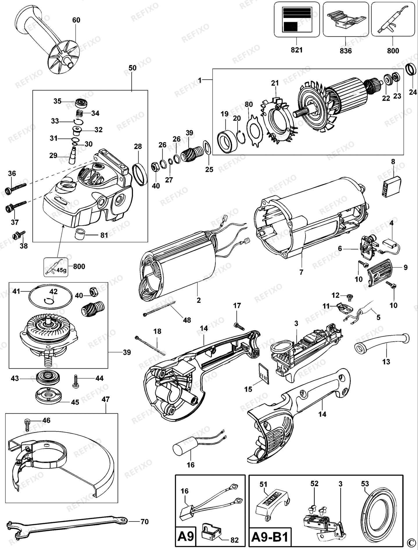 Деталировка DeWalt D28413-QS TYPE 1 угловая шлифмашина D28413-QS D28413 — схема запчастей в разборе
