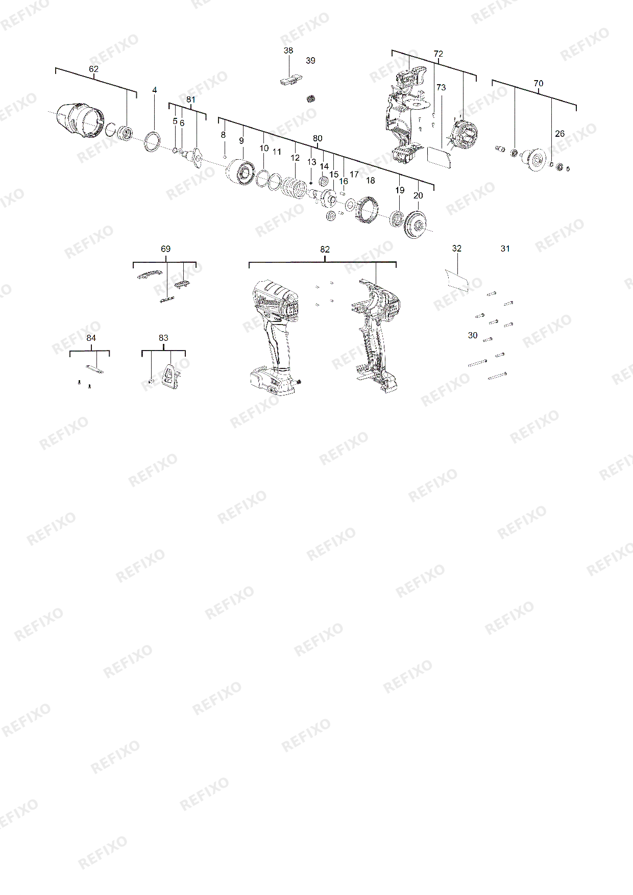 Деталировка MILWAUKEE M18ONEIWF38 0 4933451154 4000452747 — схема запчастей в разборе