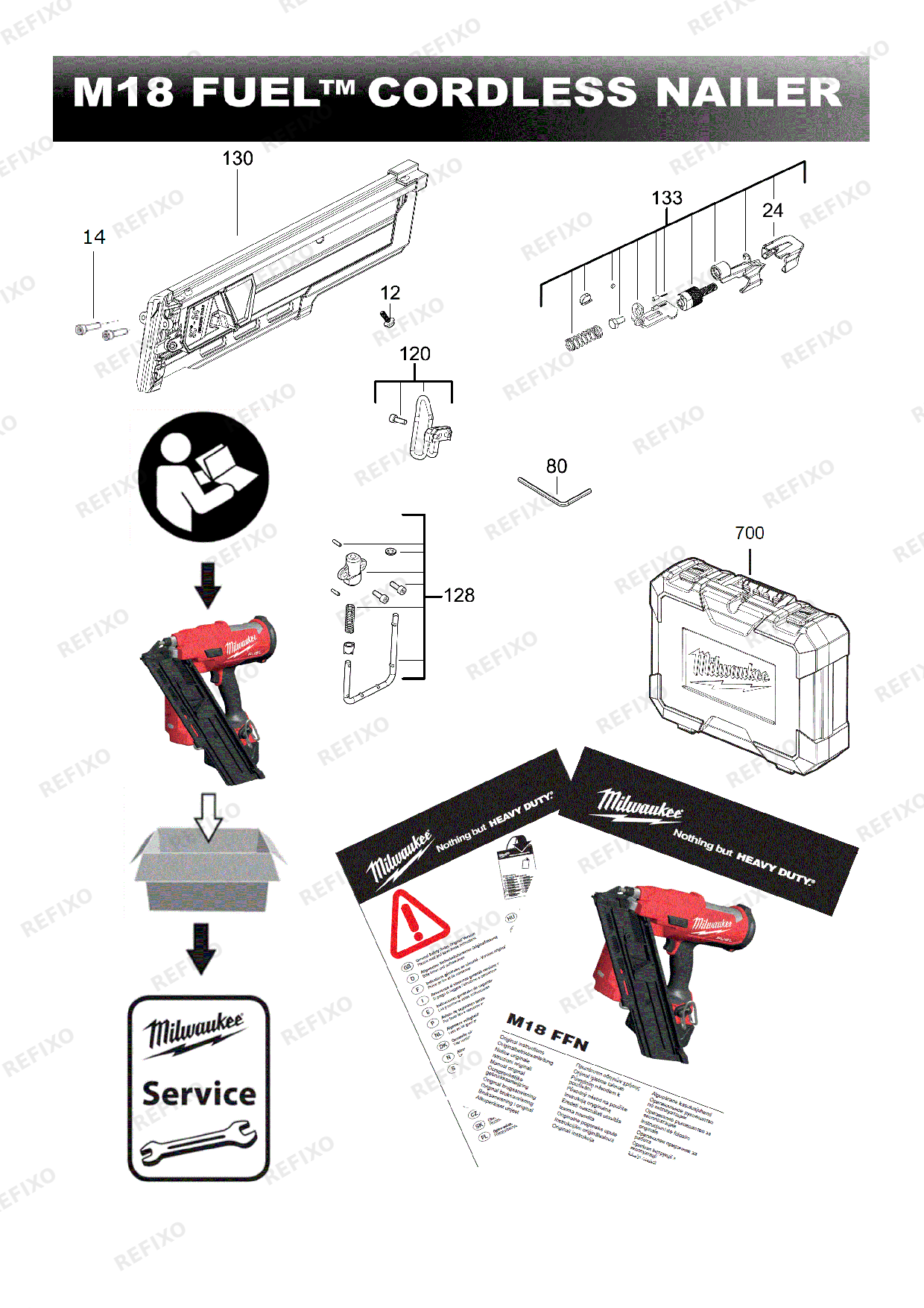 Деталировка MILWAUKEE M18FFN 0X 4933471406 4000474116 — схема запчастей в разборе