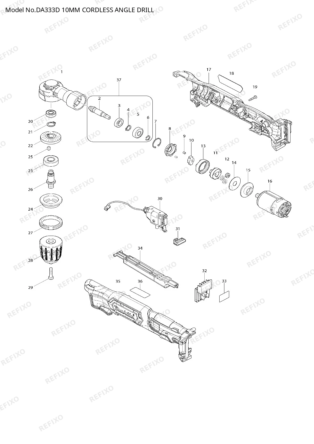 Деталировка MAKITA DA333D — схема запчастей в разборе
