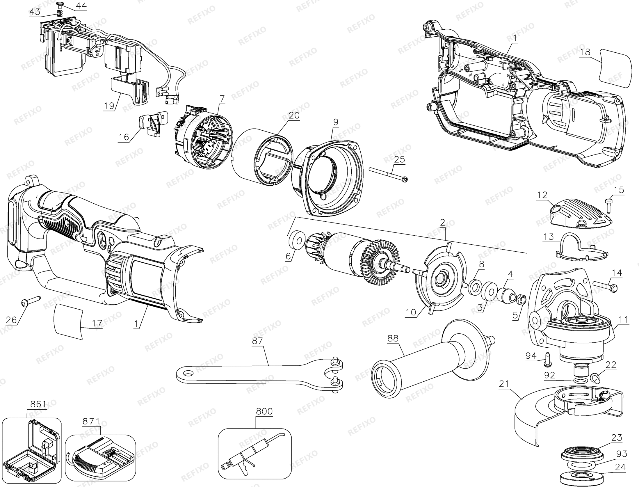 Деталировка DeWalt DCG412KN-XJ TYPE 2 18V GRINDER BARE WITH KIT DCG412KN-XJ DCG412KN — схема запчастей в разборе