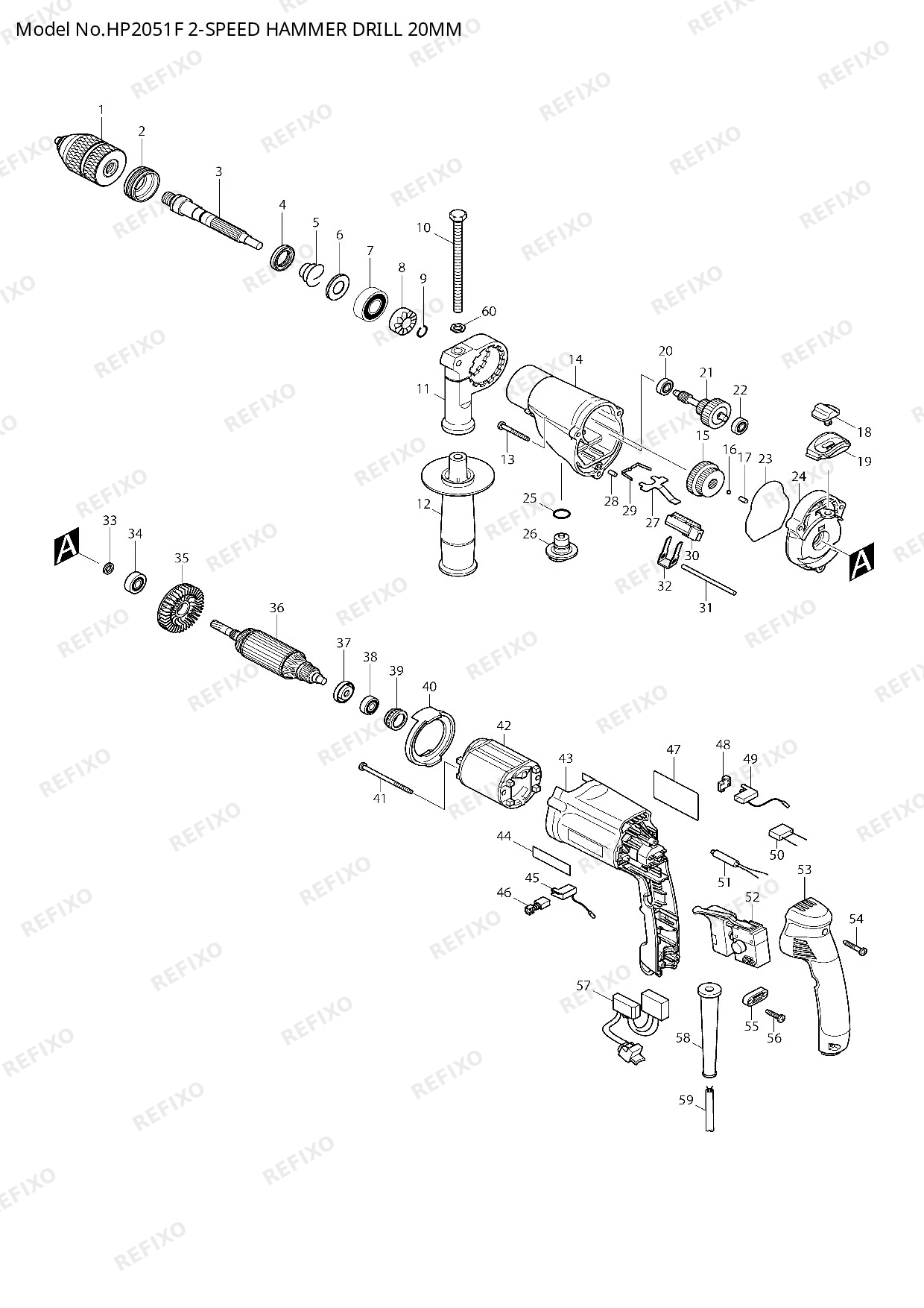 Деталировка MAKITA HP2051F — схема запчастей в разборе