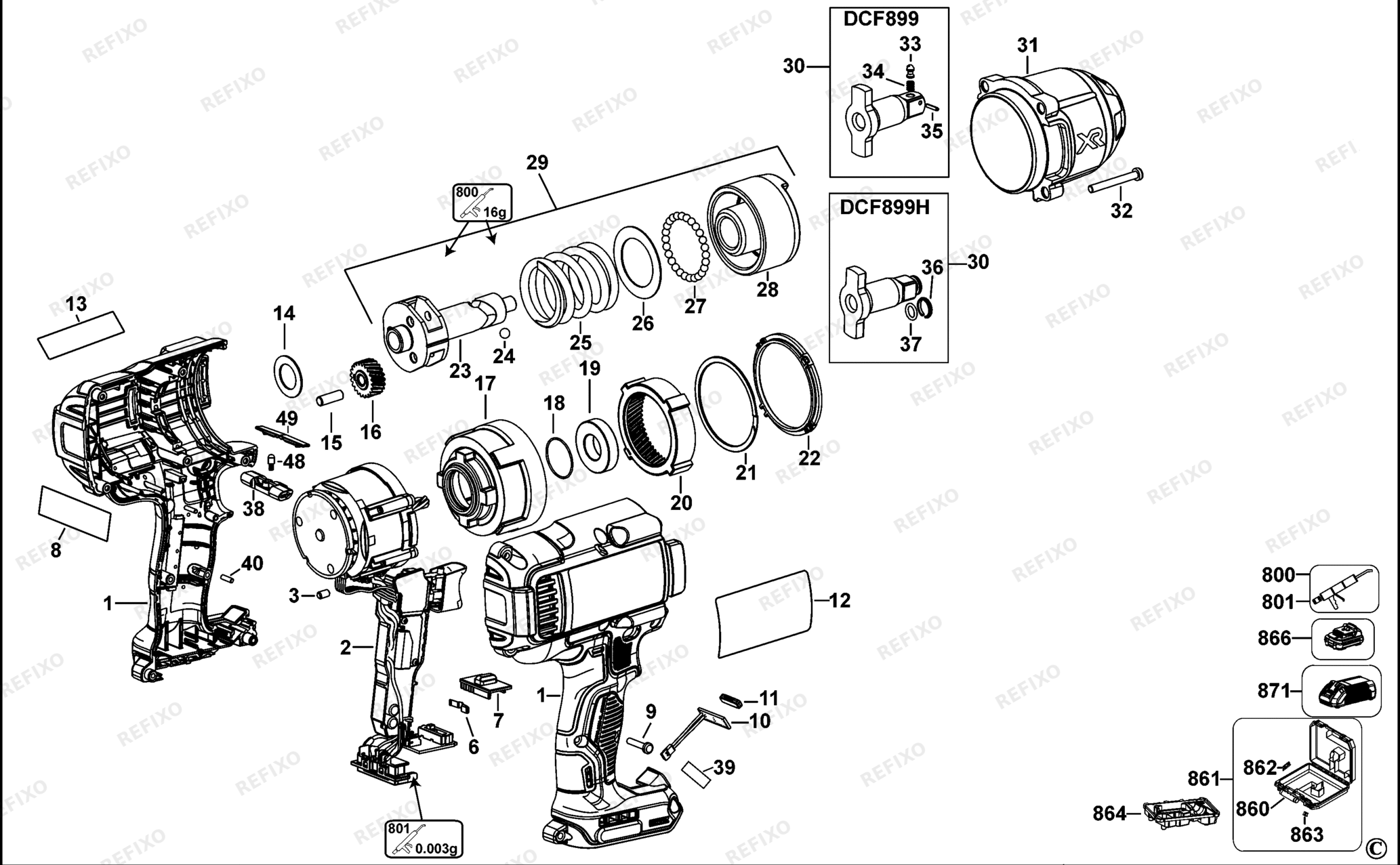 Деталировка DeWalt DCF899-XJ TYPE 1 SCHLAGSCHRAUBENSCHL. DCF899-XJ DCF899 — схема запчастей в разборе
