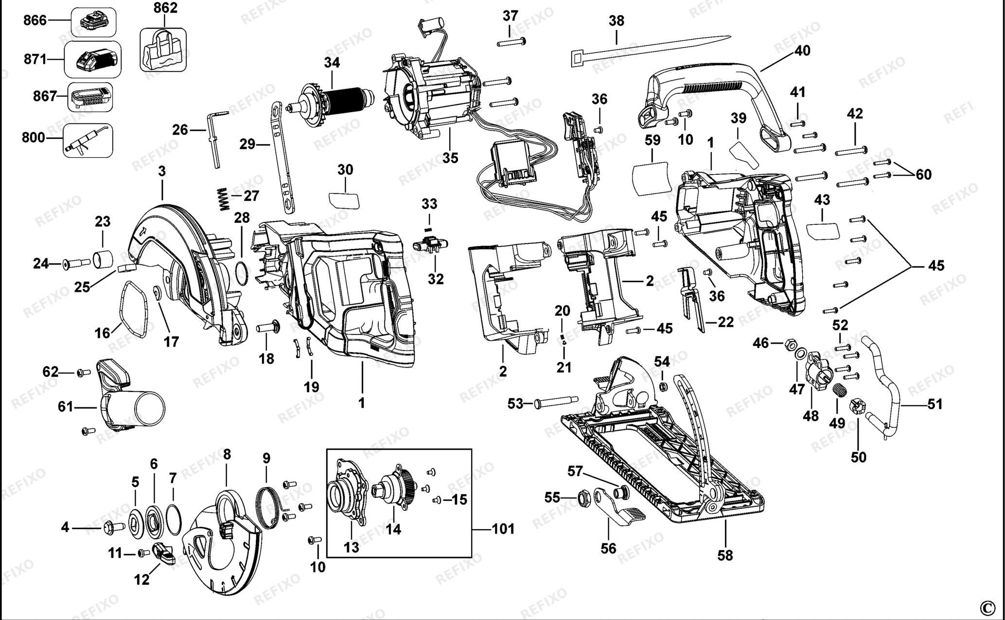 Деталировка DeWalt DCS577-QW TYPE 2 CORDLESS CIRCULAR SAW DCS577-QW DCS577 — схема запчастей в разборе