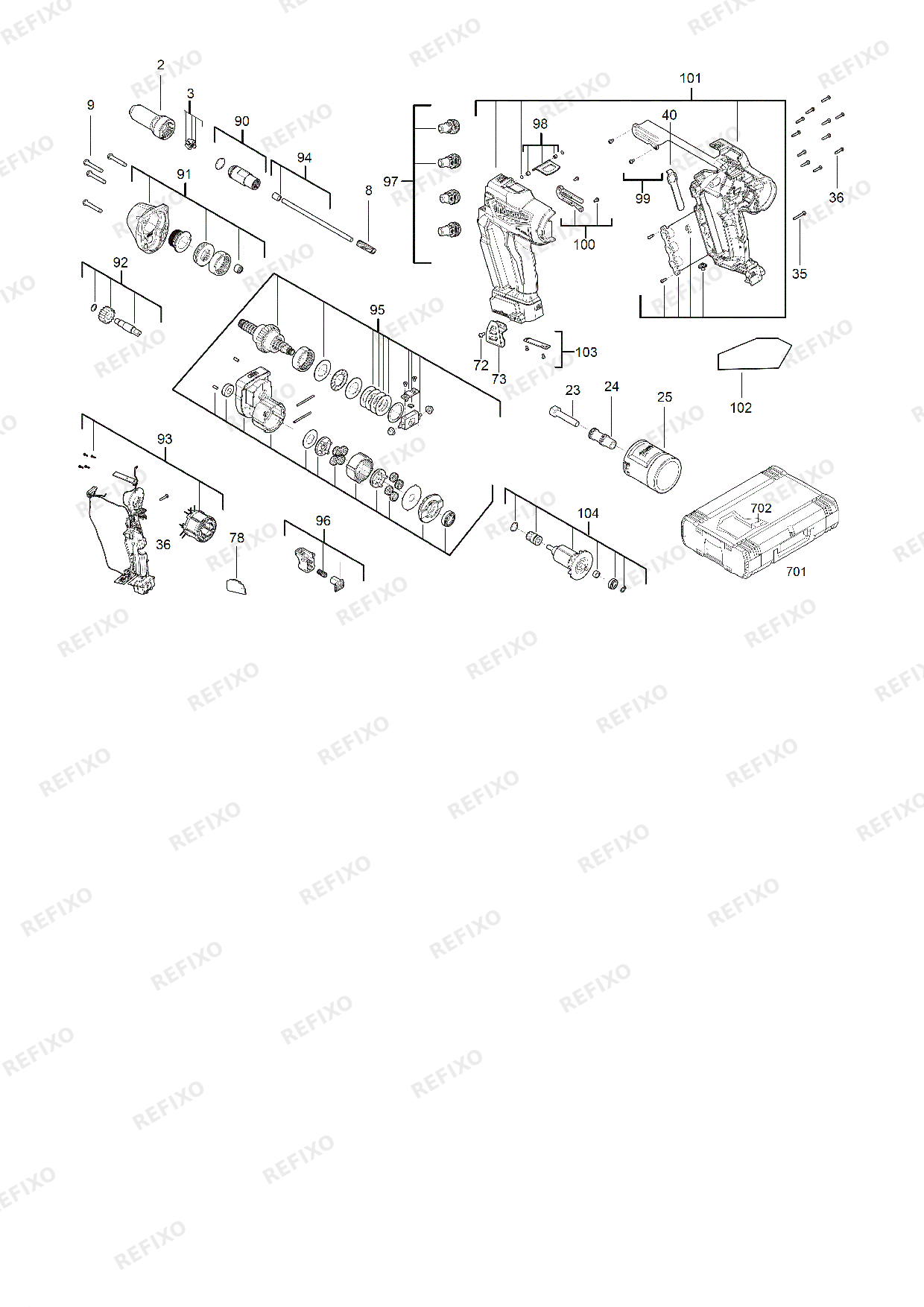 Деталировка MILWAUKEE M18ONEFPRT 0X 4933478601 4000483105 — схема запчастей в разборе