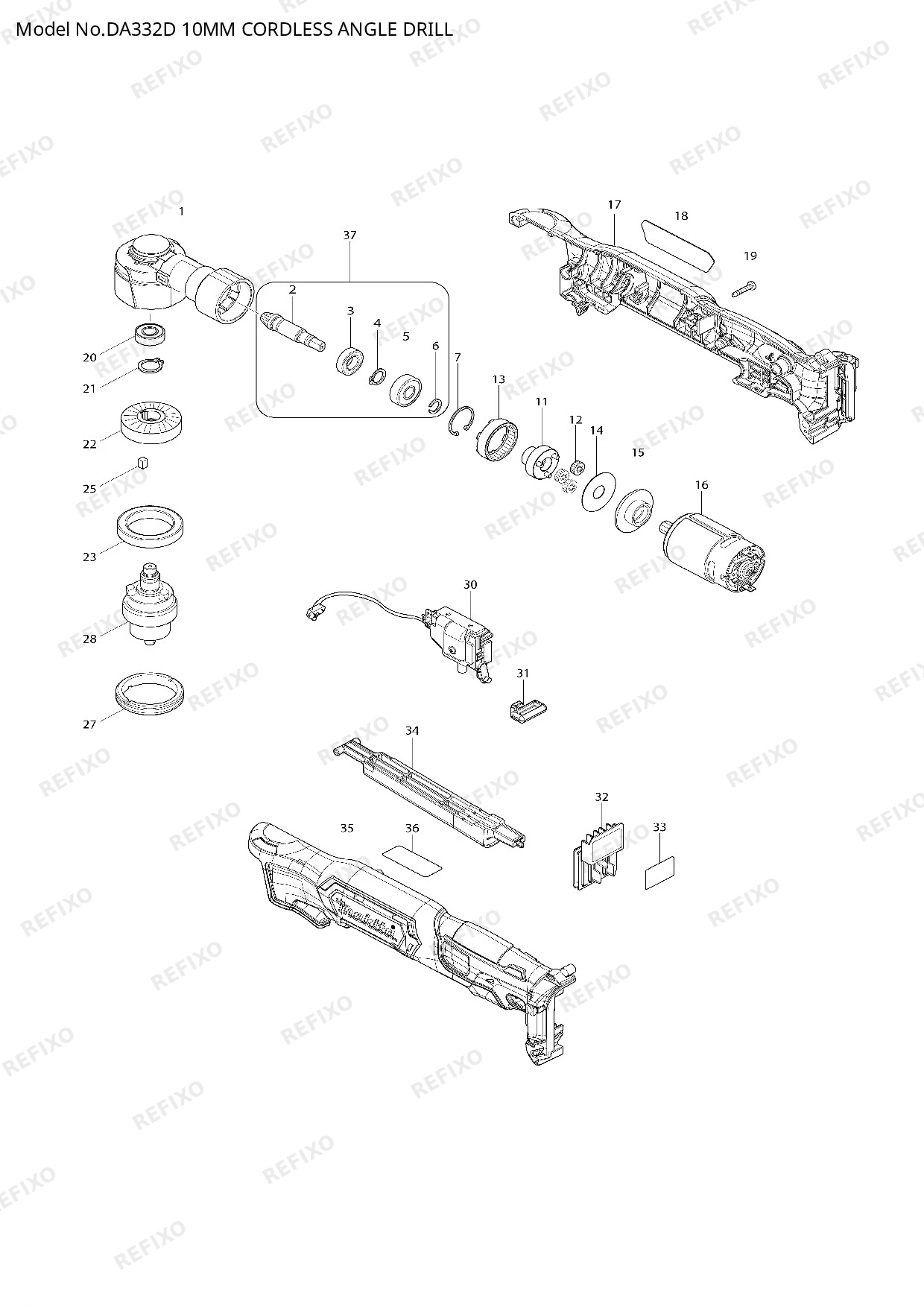 Деталировка MAKITA DA332D — схема запчастей в разборе