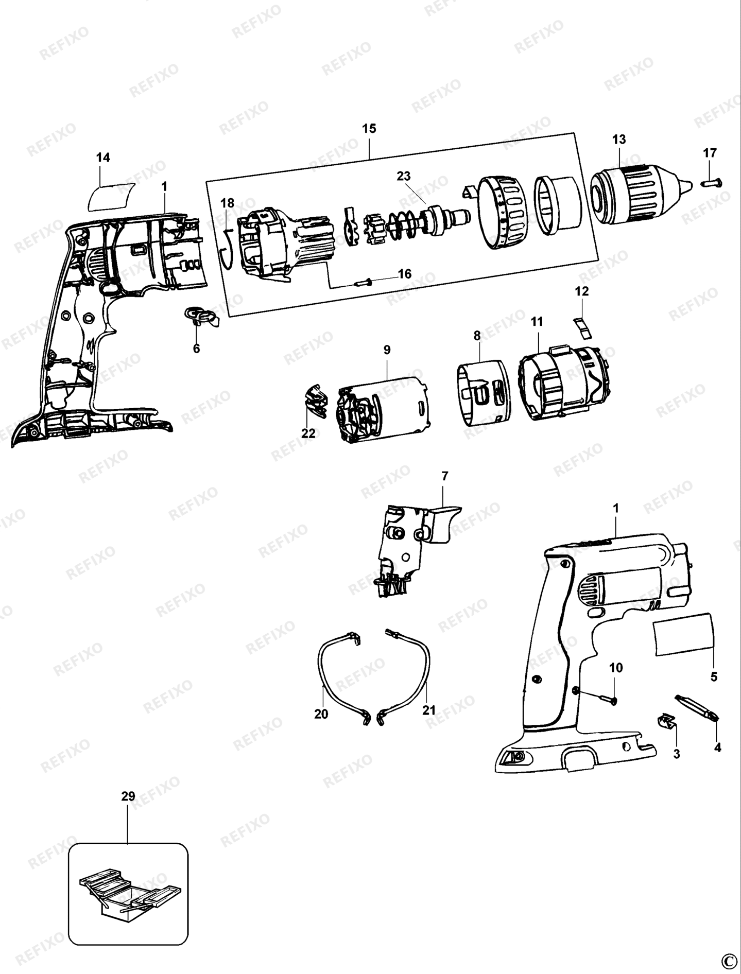 Деталировка DeWalt DW985-QW TYPE 1 аккумуляторный - дрель DW985-QW DW985 — схема запчастей в разборе