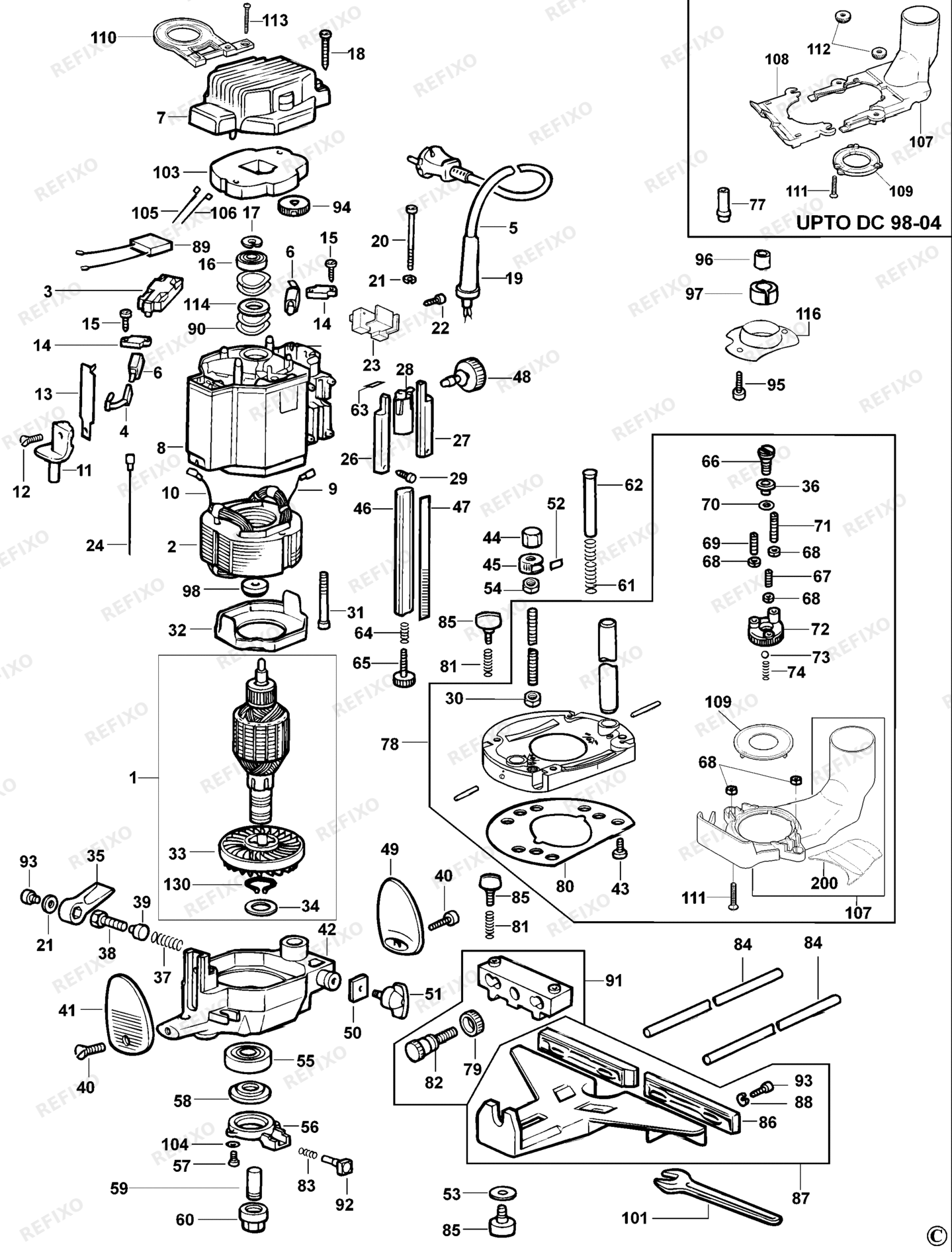 Деталировка DeWalt DW625E-QS TYPE 4 HOHLFRÄSER DW625E-QS DW625E — схема запчастей в разборе