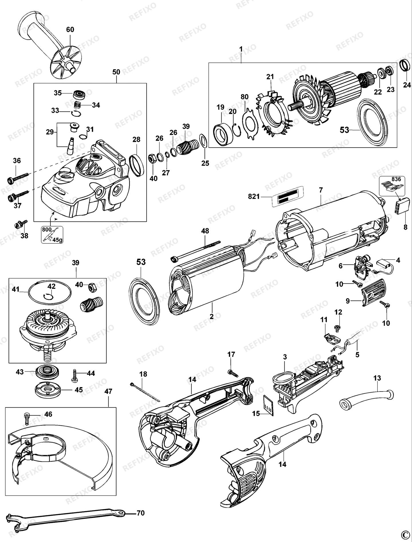 Деталировка DeWalt D28421-QS TYPE 2 угловая шлифмашина D28421-QS D28421 — схема запчастей в разборе