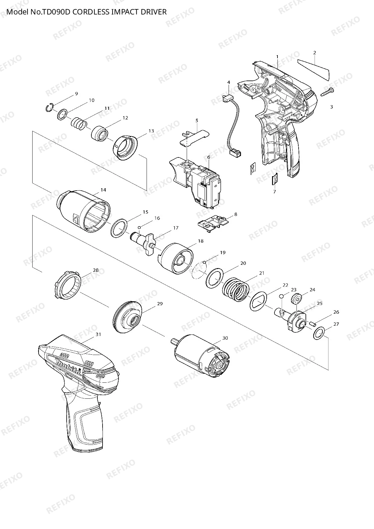 Деталировка MAKITA TD090D — схема запчастей в разборе