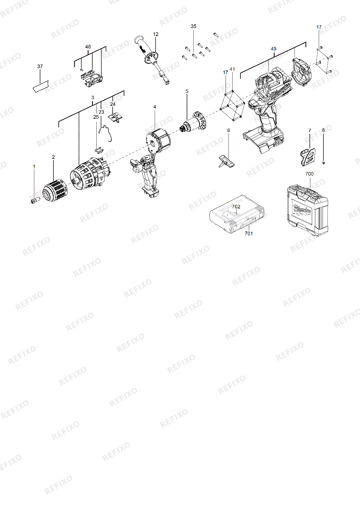 Деталировка MILWAUKEE M18FPD 0X 4933451446 4000452479 — схема запчастей в разборе