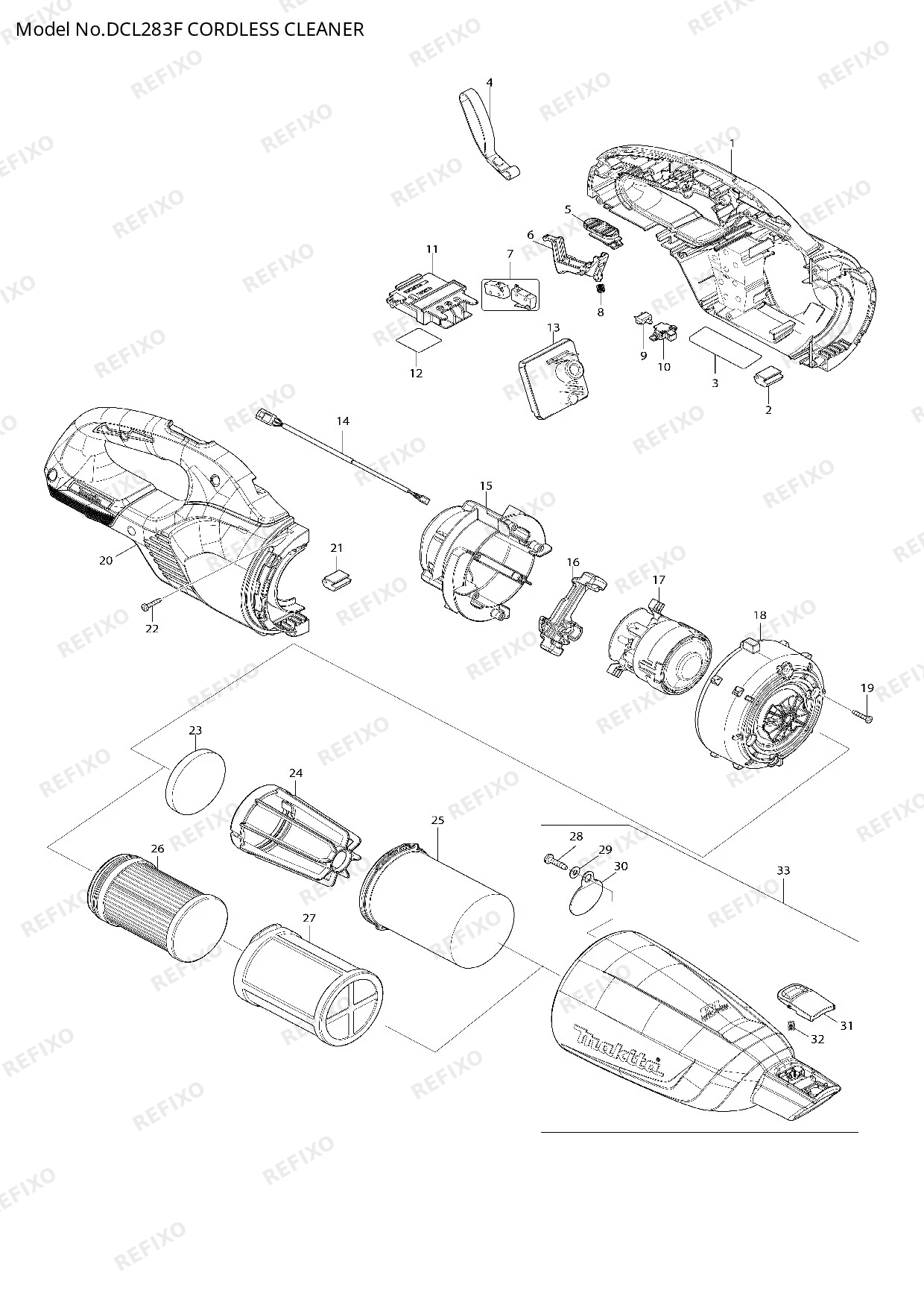 Деталировка MAKITA DCL283F — схема запчастей в разборе