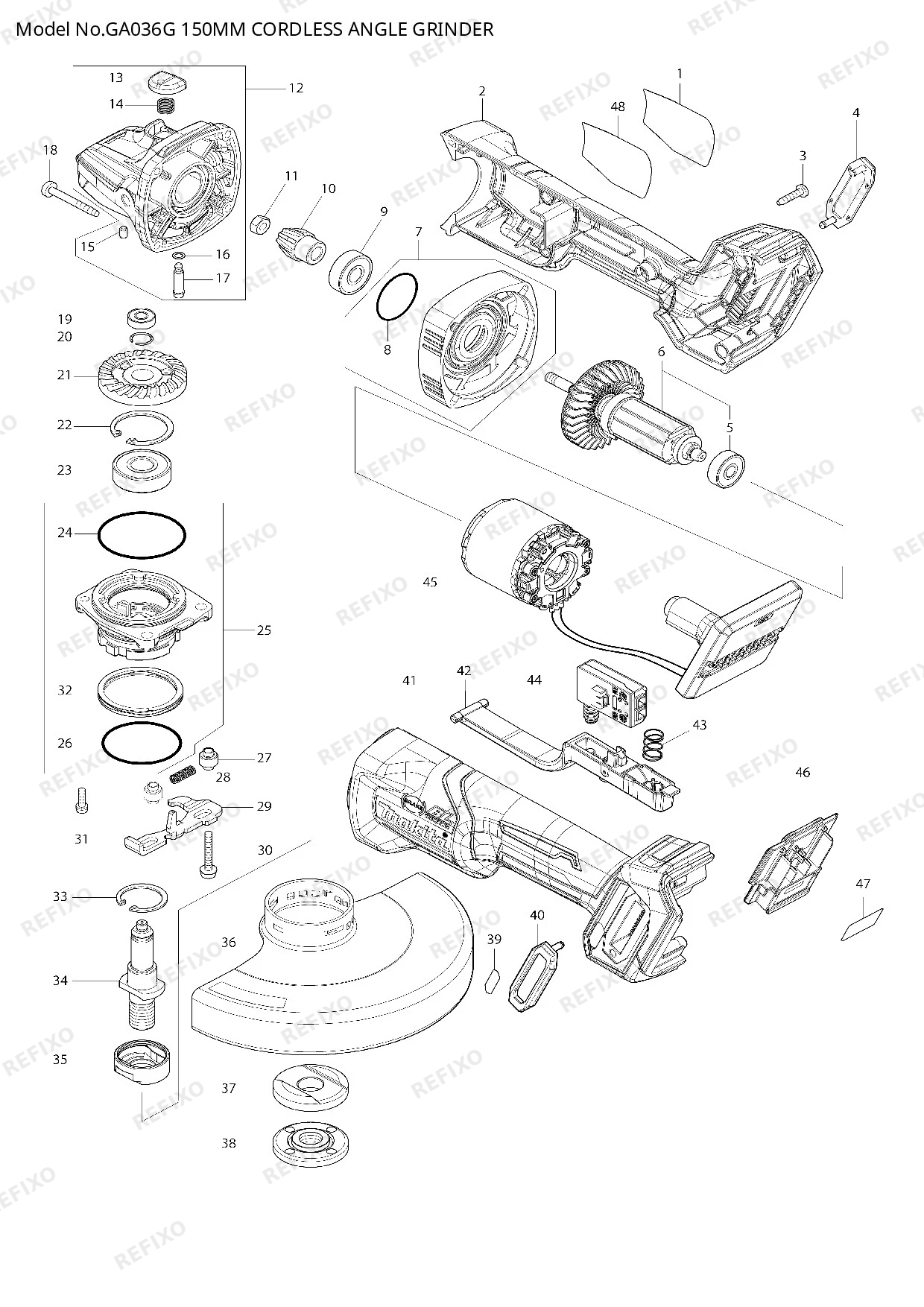 Деталировка MAKITA GA036G — схема запчастей в разборе