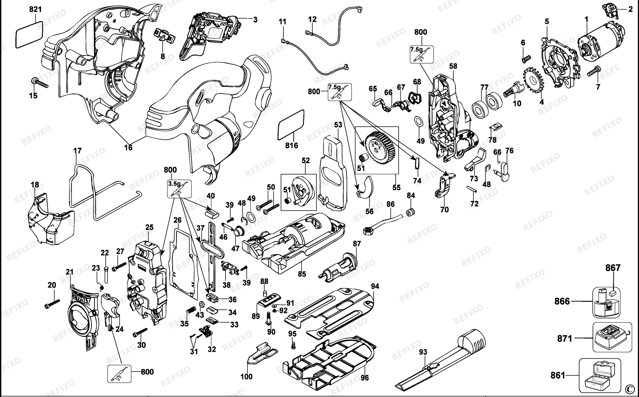 Деталировка DeWalt DC330-QW TYPE 1 аккумуляторный - лобзик DC330-QW DC330 — схема запчастей в разборе