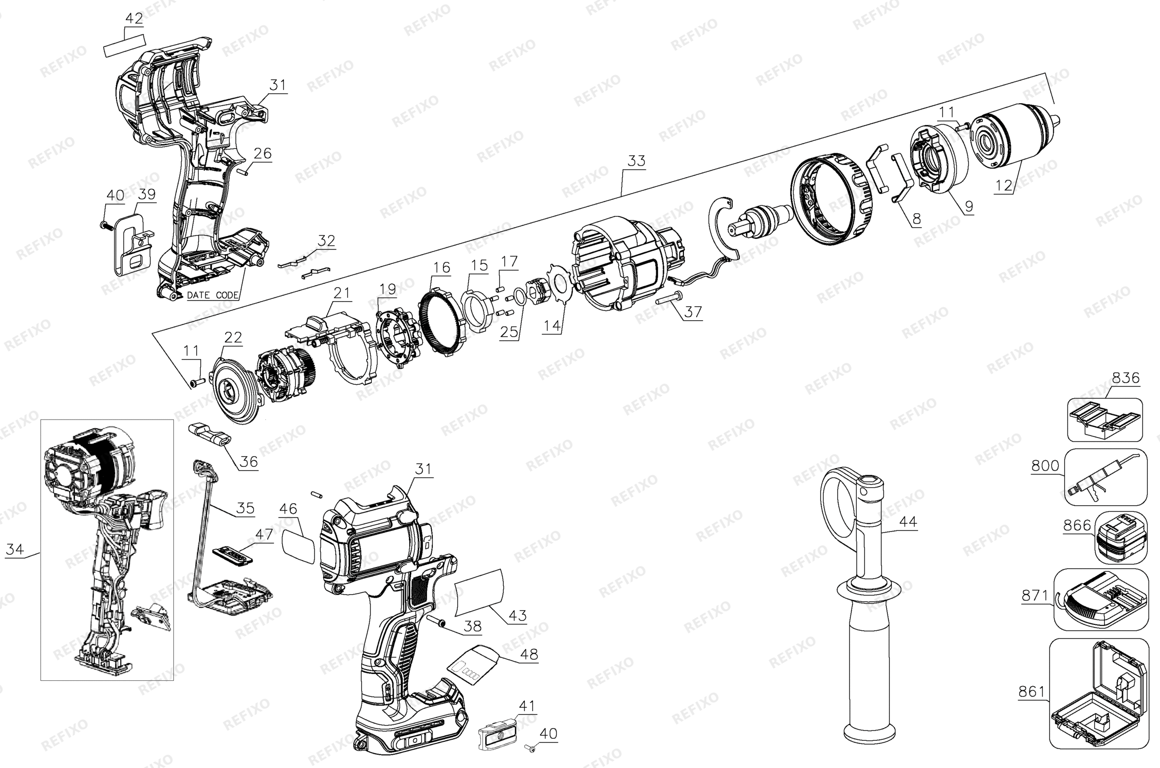 Деталировка DeWalt DCD992N-XJ TYPE 1 XR 18V TC BL PREMIUM DRIL DCD992N-XJ DCD992N — схема запчастей в разборе
