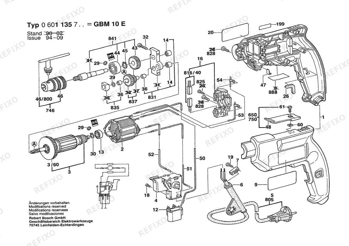 Деталировка Bosch Дрель GBM 10 E | 240 V | 036 - GB (0 601 135 742) — схема запчастей в разборе