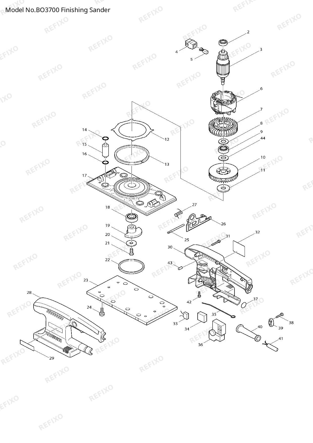 Деталировка MAKITA BO3700 — схема запчастей в разборе
