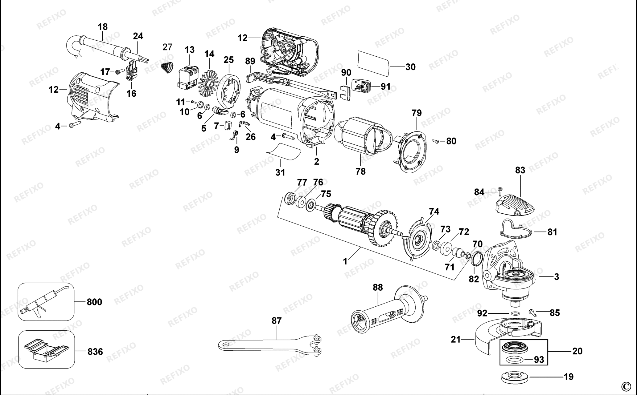 Деталировка DeWalt D28106-XJ TYPE 2 SMALL ANGLE GRINDER D28106-XJ D28106 — схема запчастей в разборе