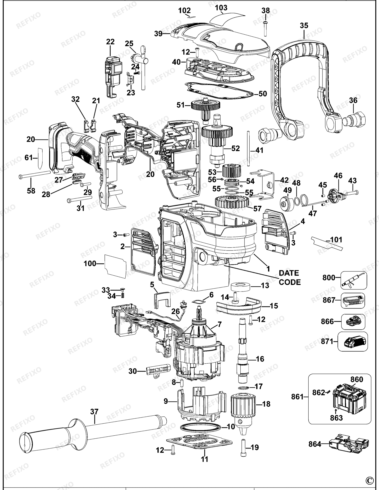 Деталировка DeWalt DCD460-QW TYPE 1 аккумуляторный - дрель DCD460-QW DCD460 — схема запчастей в разборе