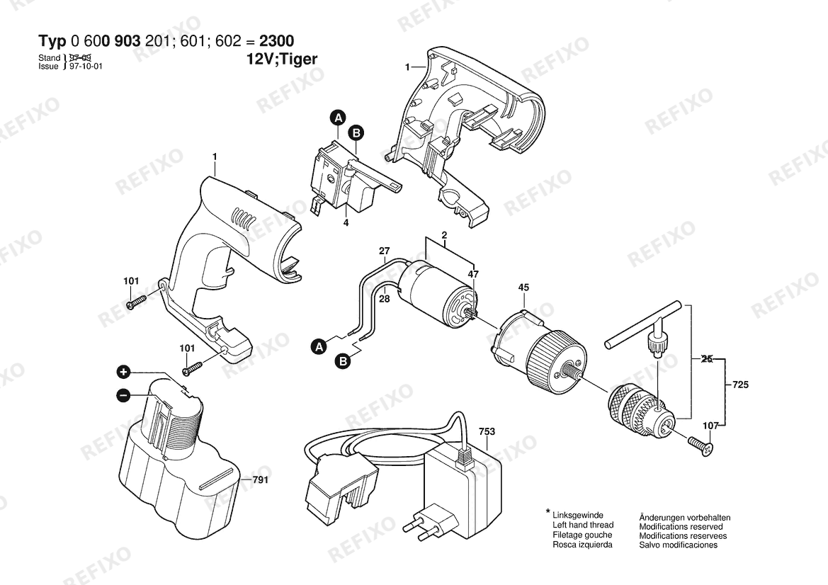 Деталировка Bosch Аккумуляторный - дрель BS 12V | 12 V | 036 - GB (0 600 903 601) — схема запчастей в разборе