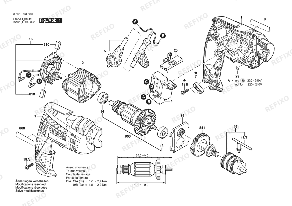 Деталировка Bosch Gw-4G- дрель GBM 10 RE | 230 V | 041 - IN (3 601 D73 5F1) — схема запчастей в разборе