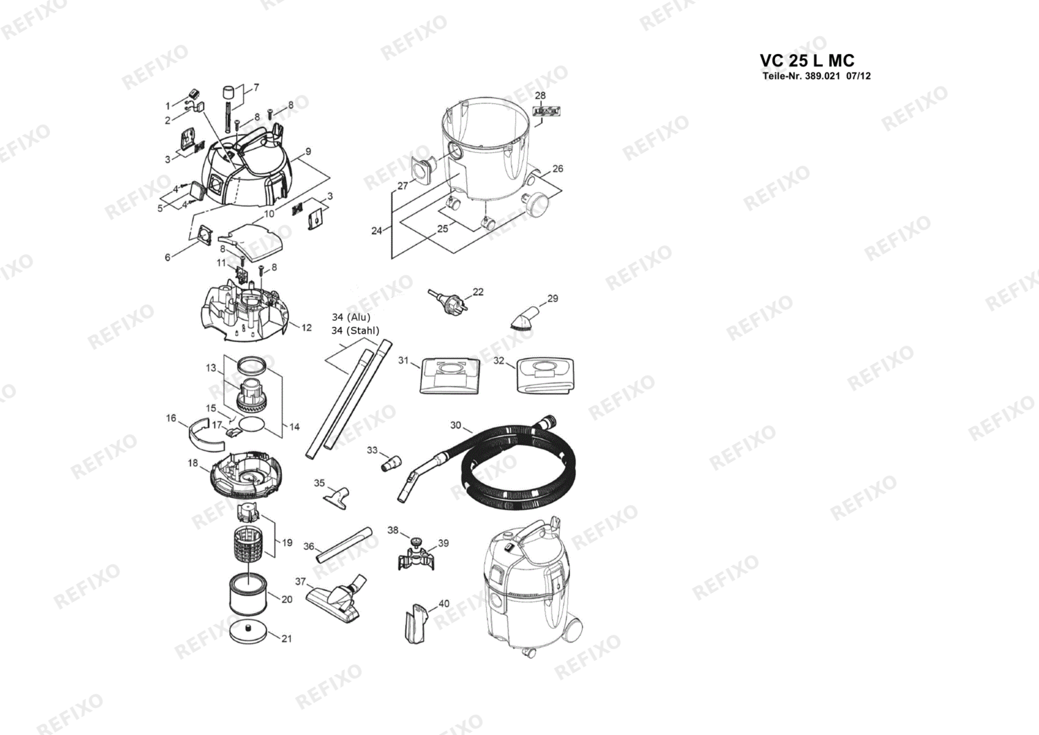 Деталировка Flex VC 25 L MC 385468 — схема запчастей в разборе