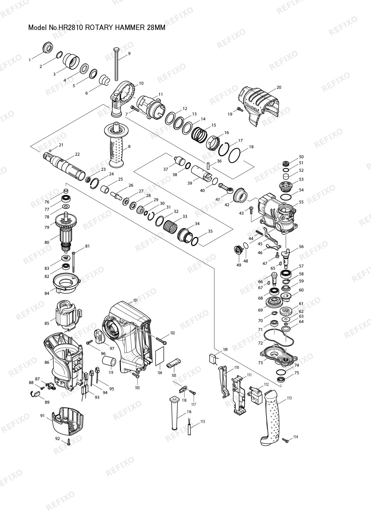 Деталировка MAKITA HR2810 — схема запчастей в разборе