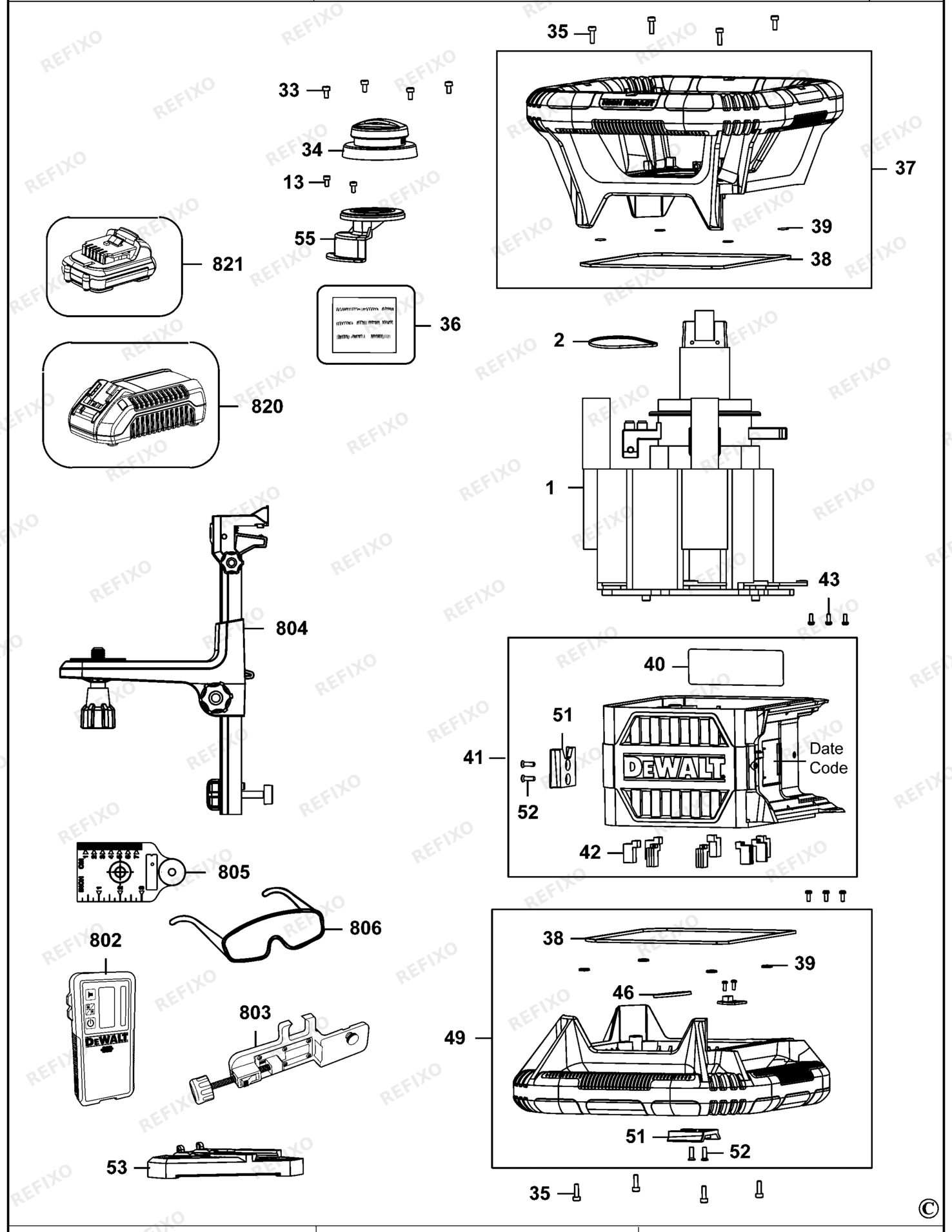 Деталировка DeWalt DCE074D1R-QW TYPE 1 ROTATIONSLASER DCE074D1R-QW DCE074D1R — схема запчастей в разборе