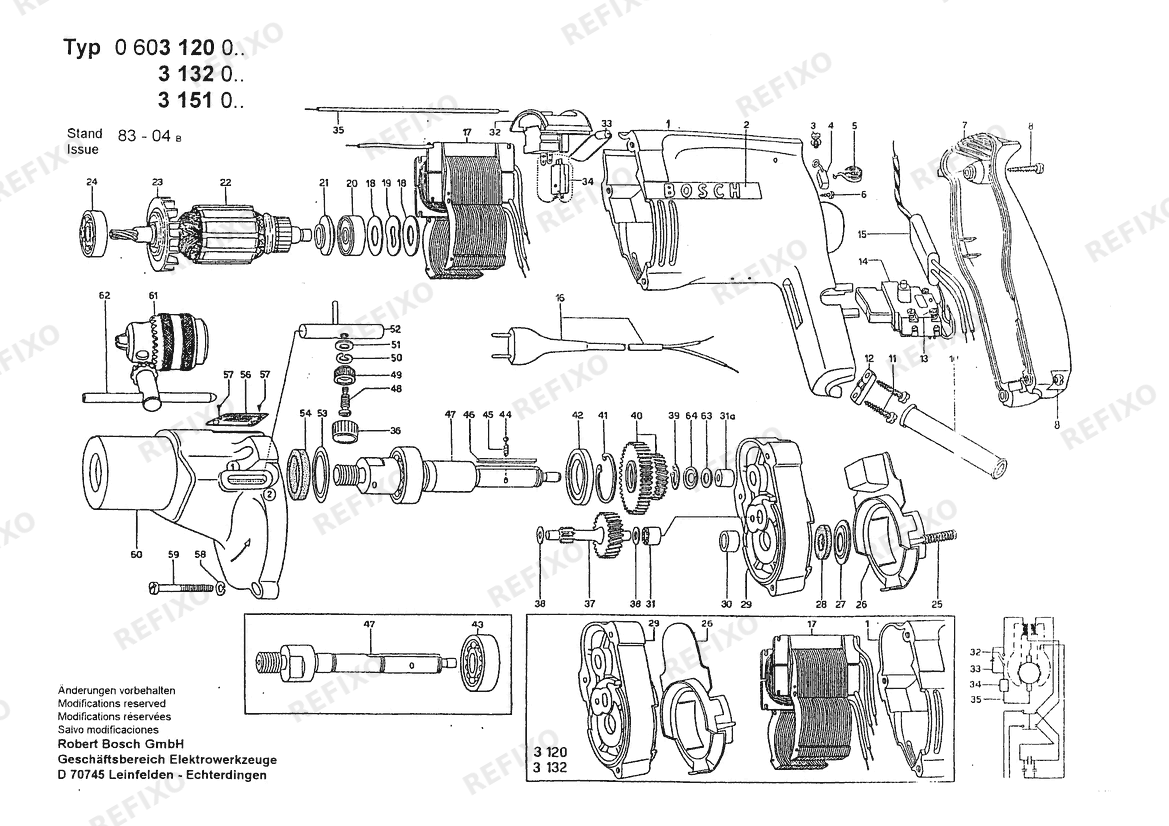 Деталировка Bosch Дрель M 21 S | 220 V | 004 - CH (0 603 120 032) — схема запчастей в разборе