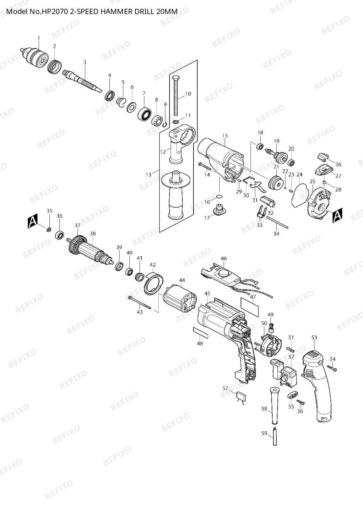 Деталировка MAKITA HP2070 — схема запчастей в разборе